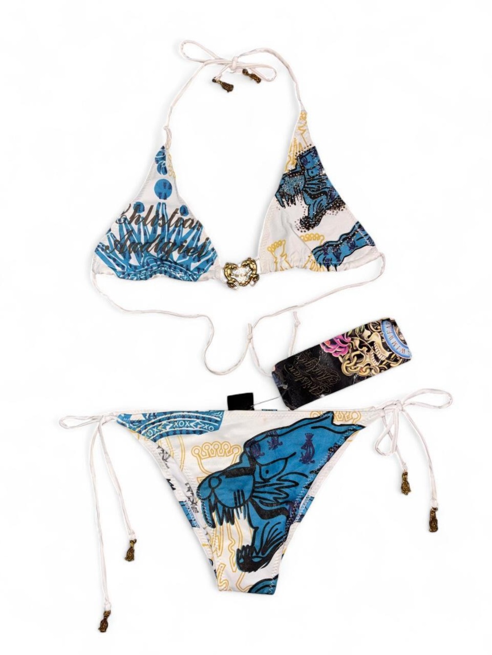 00’s Deadstock Christian Audigier Blue and White Graphic Bikini Bottom